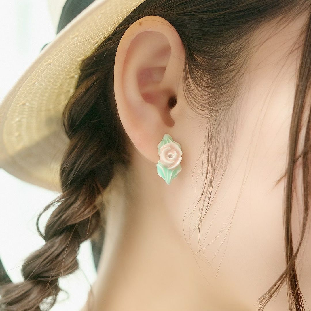 バレエコア フリル ローズ ピンク ピアス