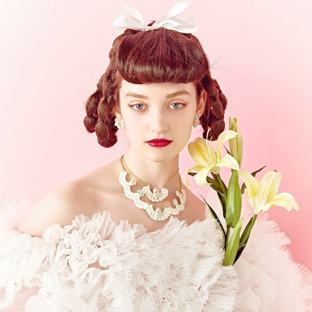 バレエコア フリル ローズ ピンク ピアス