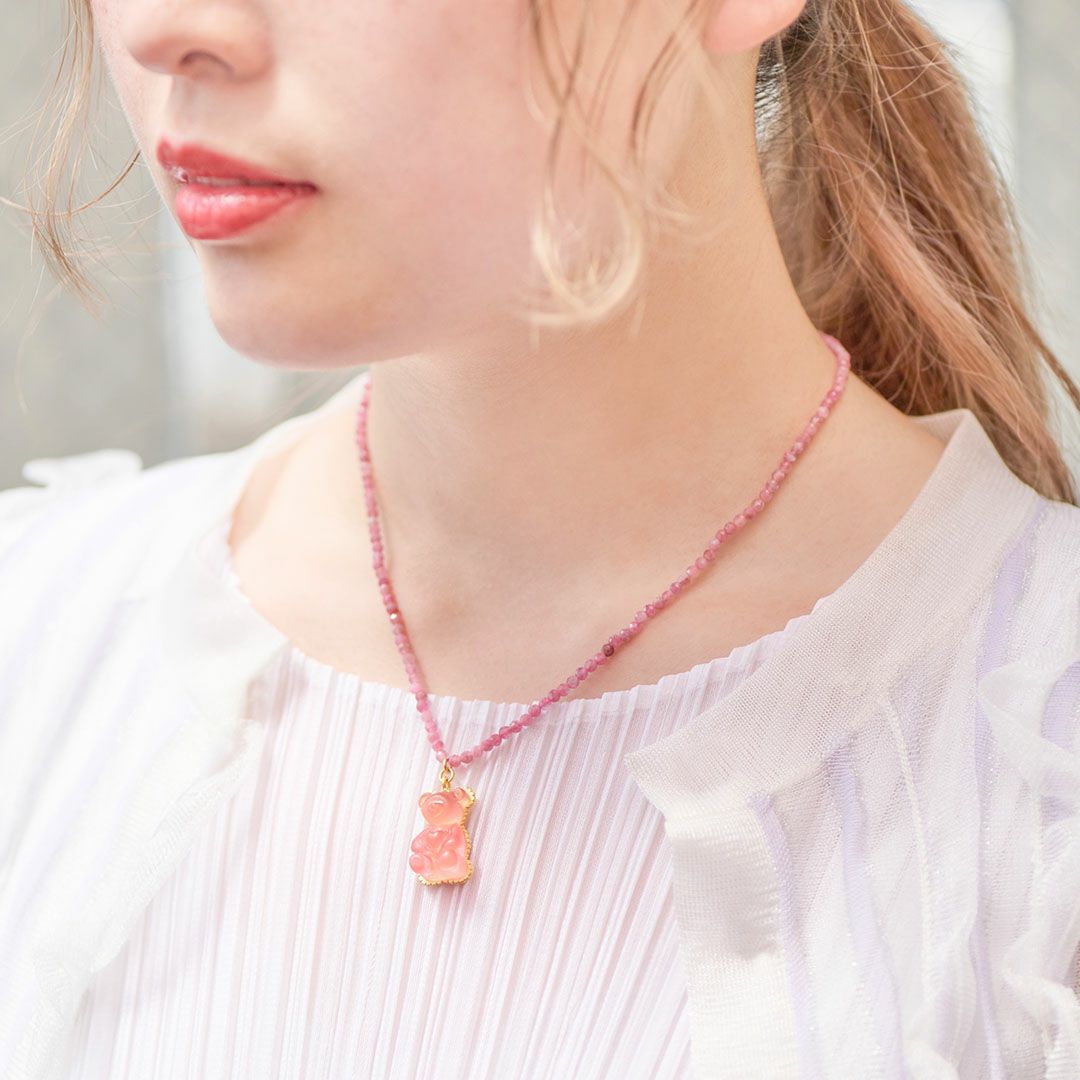 天然石ジュエリー　ピンクトルマリン　テディベアグミ　ネックレス