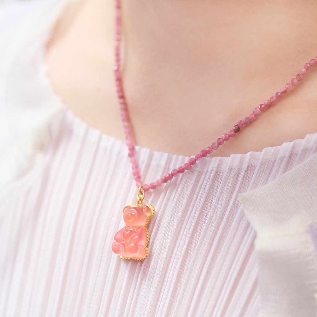 天然石ジュエリー　ピンクトルマリン　テディベアグミ　ネックレス