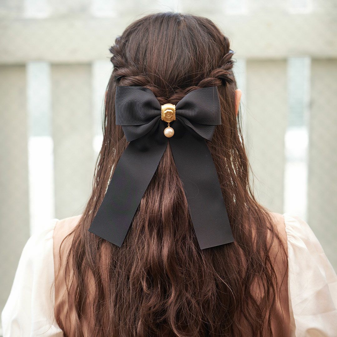 リボン パール バレッタ ブラック