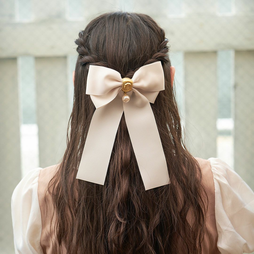 リボン パール バレッタ オフホワイト