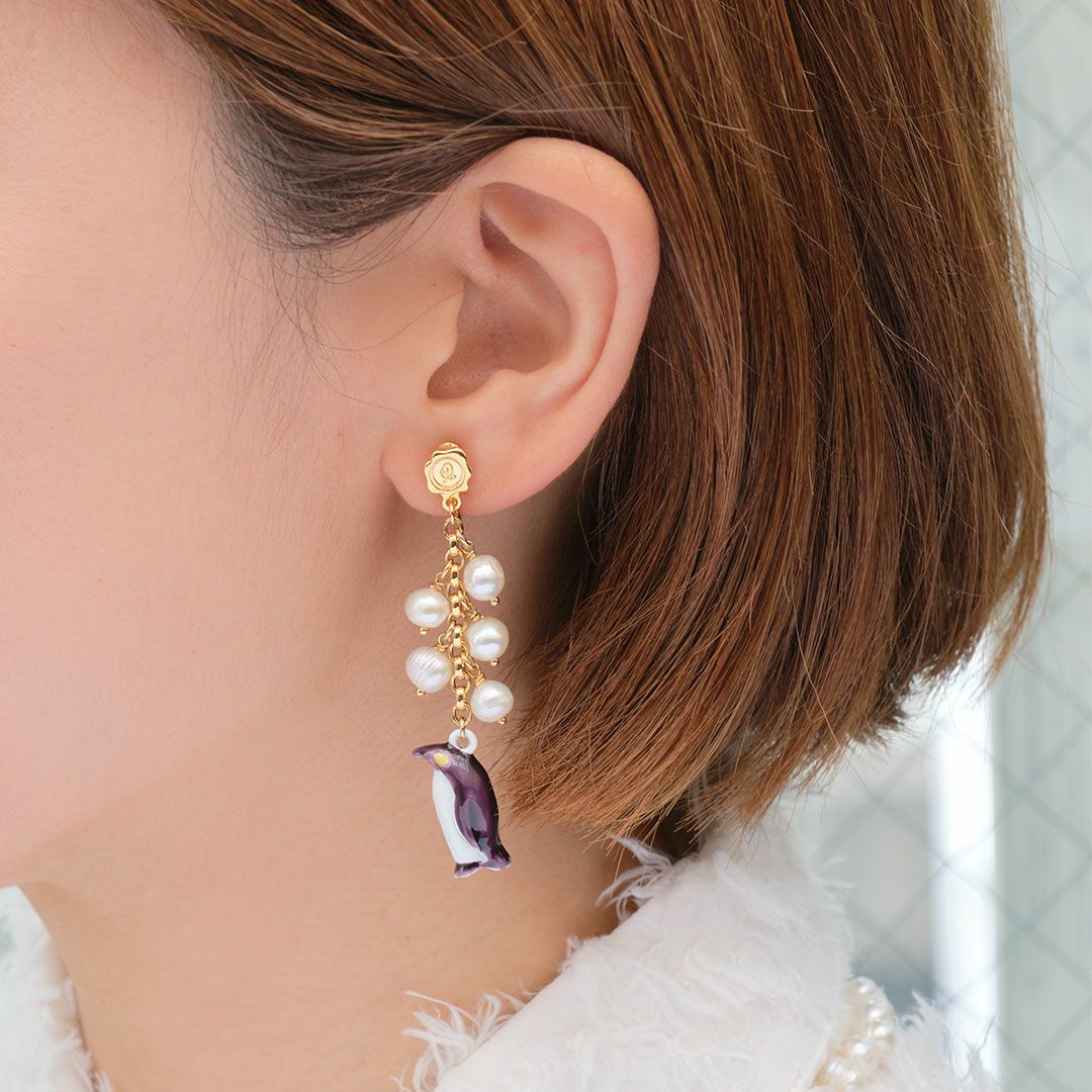 天然石ジュエリー　バロック淡水パール　ペンギン　イヤリング