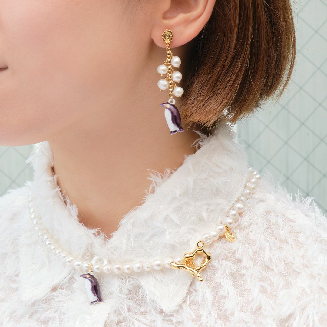 天然石ジュエリー　バロック淡水パール　ペンギン　イヤリング